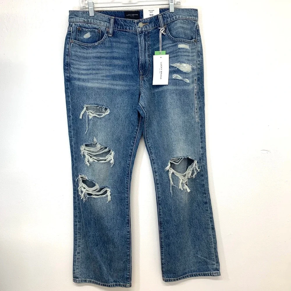 Lucky Brand Easy Rider Boot Distressed Rigid Blue Jeans Men  34x30 New Casual